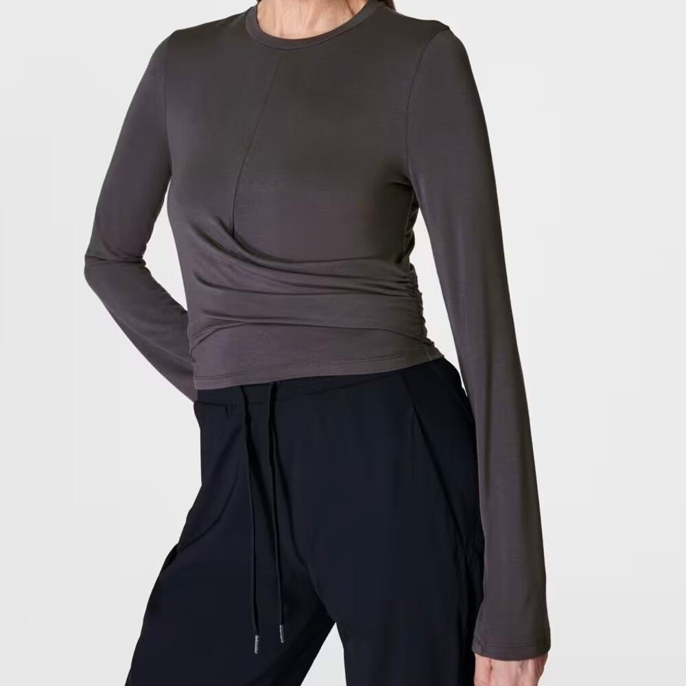 Sweaty Betty Wrap Front Long Sleeve Crew Neck Grey Top Womens 8 Medium